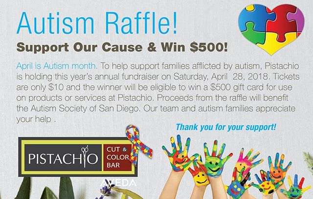 Autism Awareness holds a special place in our heart. Stop in to Pistachio Cut & Color Bar and purchase a $10 raffle ticket to be entered into our Autism Raffle! All proceeds benefit the Autism Society of San Diego, in support of National Autism Awareness Month!_____________________#atthesalon #salonlife #hair #hairspiration #hairsalon #haircolor #hairstyles #hairstyling #haircut #carlsbad #sandiego #sandiegohair #carlsbadhair #aveda #avedacolor #avedaproducts #avedaartist #smellslikeaveda #avedaraffle #avedagiveaway #autismawareness #autismsupport #autism #autismraffle #communitysupport #plazapaseoreal #autismapril #autismfundraiser #autismsocietyofsandiego